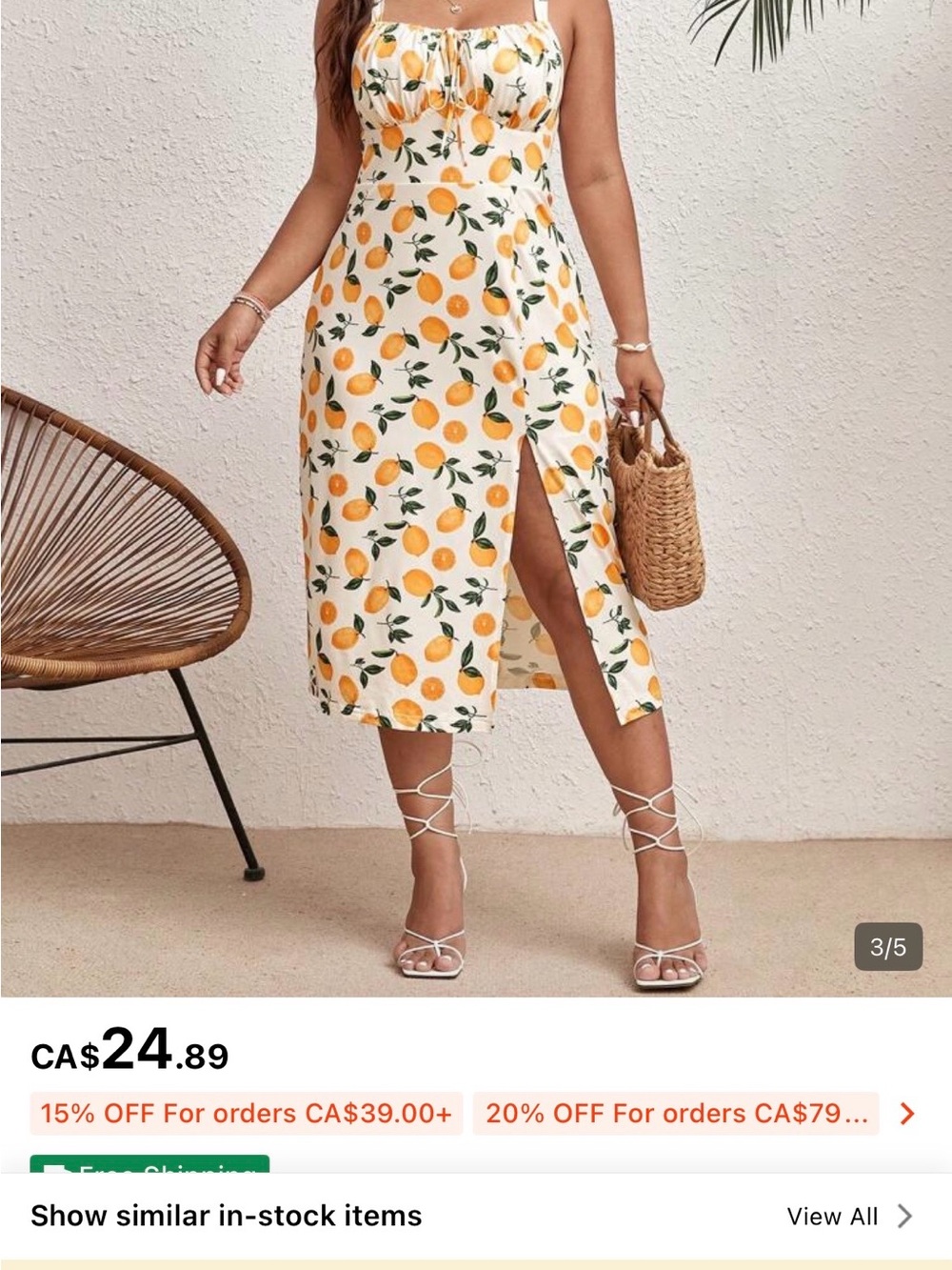 White Orange Print Midi Skirt with Front Slit